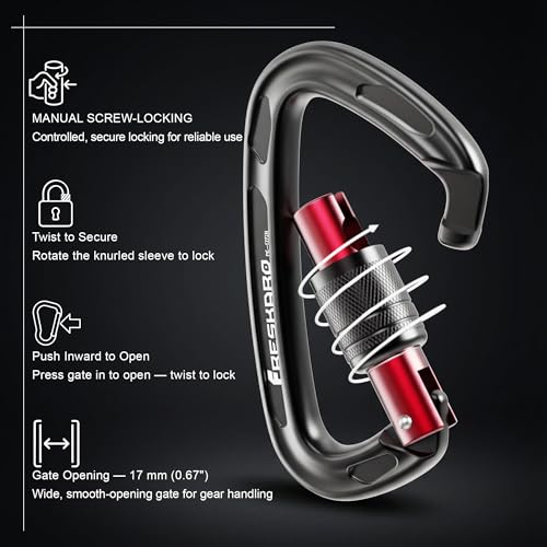 FresKaro 3pcs Black 4-inch UIAA Certified Climbing Carabiners with Screw Lock, Lightweight Aluminium