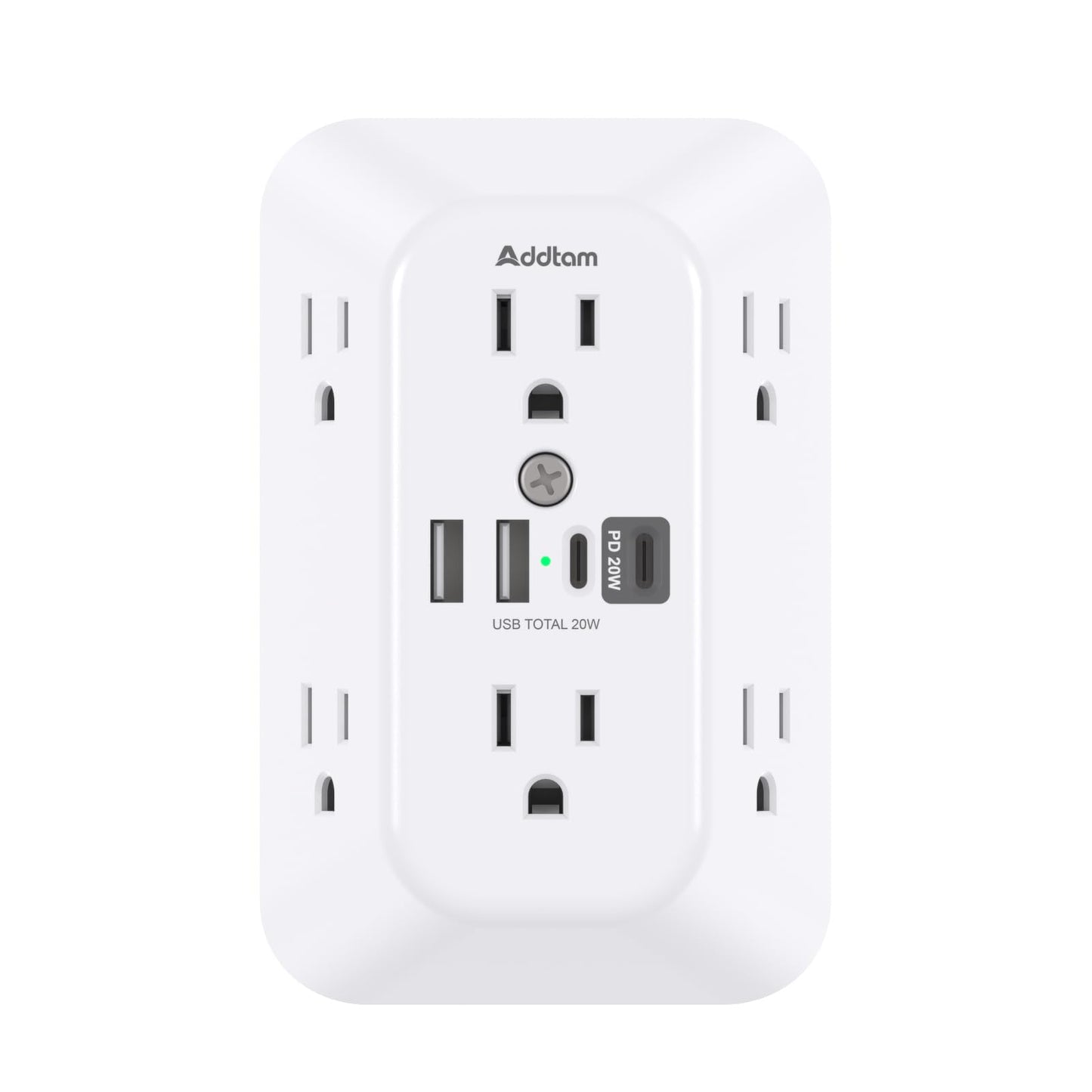Addtam Surge Protector Outlet Extender, 6-Outlet Splitter with 4 USB Wall Charger(PD 20W), Multi Plug Wall Outlet 1800J Power Strip for Home Office Dorm Room Essentials