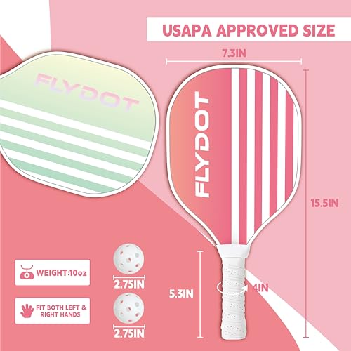 Flydot Pink Pickleball Paddles Set of 4 with Balls & Carrying Bag - Indoor & Outdoor