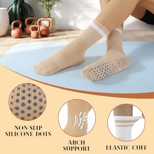 Pilates Grip Socks for Women - Striped 4 Pairs in White, Khaki, Brown, Black