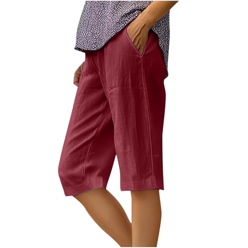 Linen Bermuda Shorts for Women - Knee Length Red Large