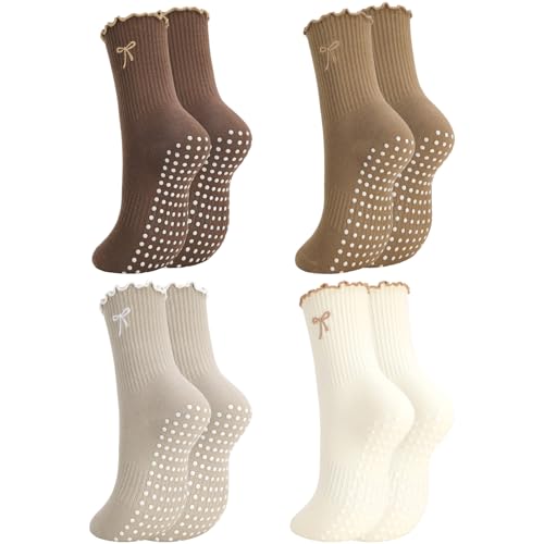Cute Bow-Tie Ruffled Pilates Socks with Grips - Brown Color Scheme