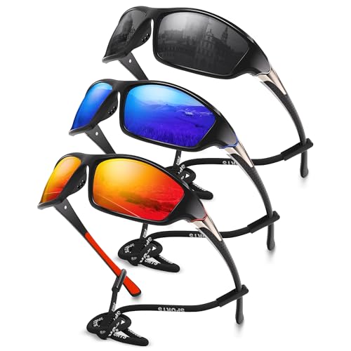 Polarized Sports Wrap-Around Sunglasses - UV Protection, 3 Pack - Grey, Dark Blue, Red