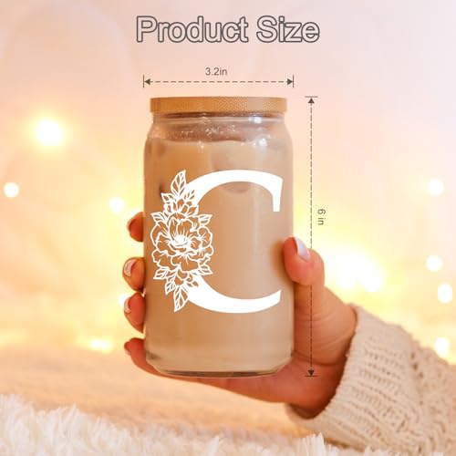 Coolife Monogrammed Glass Tumbler C - 16oz Personalized Coffee Cup with Lid, Gift for Women