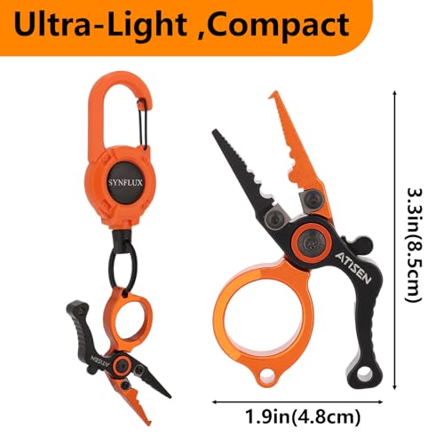 SYNFLUX Mini Fishing Pliers with Line Cutter 5‑in‑1 Saltwater Tool – Orange/Black