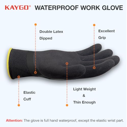 KAYGO Waterproof Work Gloves for Men and Women, Rubber Coated Non-slip Working Gloves for Garden, Outdoor Construction,KG150,Black,L