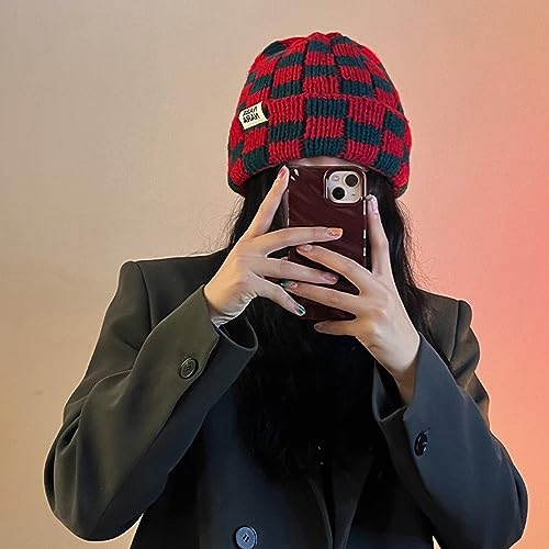 Checkerboard Knit Beanie Hat for Women - Stretch Winter Cap - Green