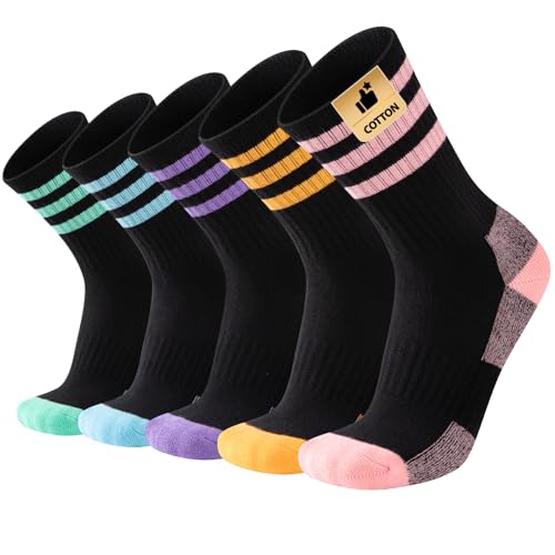 COOPLUS Women's Athletic Crew Socks 5 Pairs Black Cushioned Cotton Wicking Outdoor Sports Calf Socks - One Size