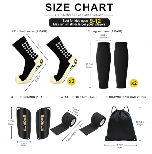 Dinceer 2 Pair Kids Grip Soccer Socks Set with Shin Guards, Sleeves, Tape & Bag - Black