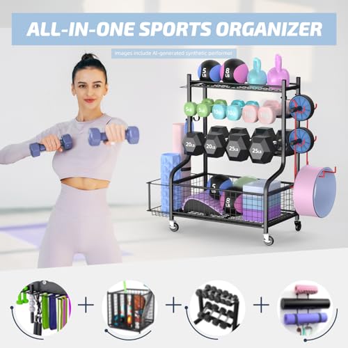 Dumbbell Rack with Wheels - 3-Tier Weight Storage for Home Gym - Black, 40.4"L x 15.8"W x 36.8"H