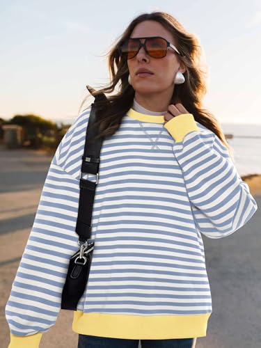 Striped Oversized Sweatshirt - Lightweight Fall Pullover Top - Small Blue Beige