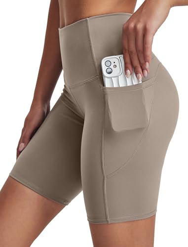 Women's High Waisted Biker Shorts with Pockets - Cream X-Large 8" Tummy Control Yoga & Workout Leggings