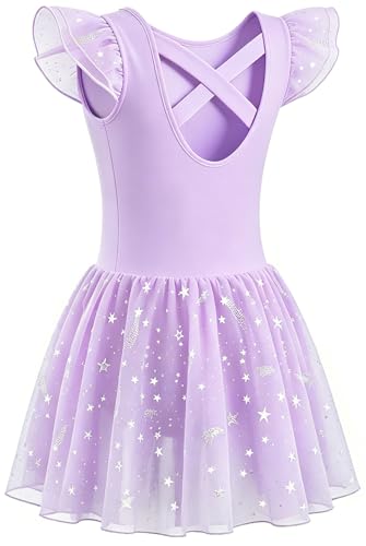 MdnMd 4-6 Years Purple Toddler Ballet Leotard Dress with Criss-Cross Back, Star Skirt