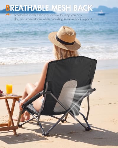 Portal Beach Chair for Adults Standard Back Black – Lightweight Folding Camping Chair with Cup Holder