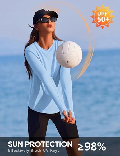 PINSPARK Women's Workout Top with Thumb Hole - Light Blue, Small, UPF 50+ Activewear