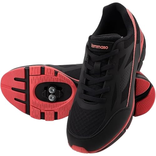 Tommaso Women's Cycling Shoes with SPD Cleats - Black/Pink, Easy Walk-In Ventilated Indoor Spin Shoes