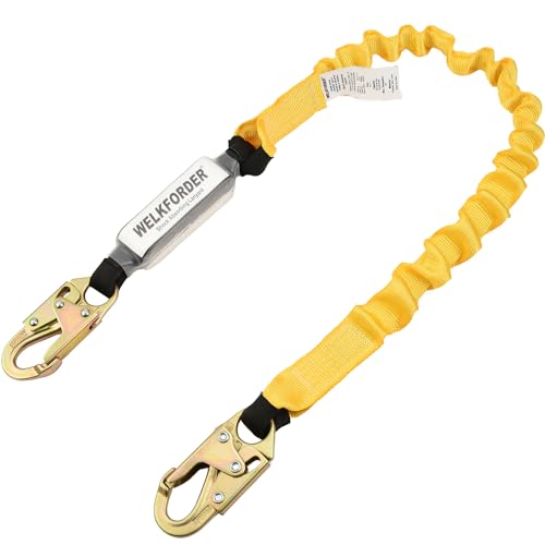 6-Foot Shock Absorber Stretchable Safety Lanyard with Double Snap Hook Connectors ANSI Z359.13-2013 Compliant Fall Protection Equipment