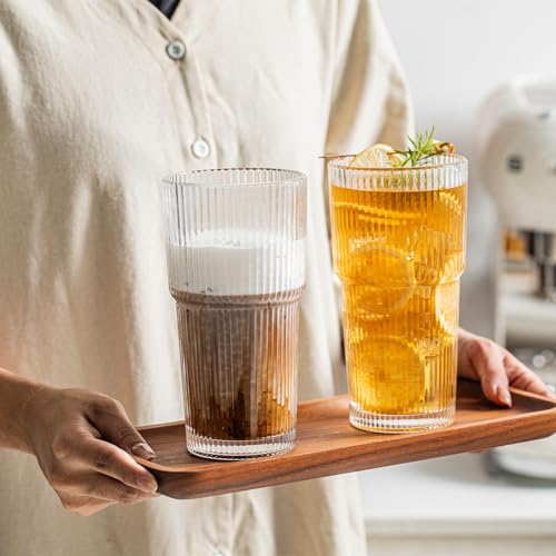 INSETLAN 20oz Ribbed Glass Tumblers Set of 4 - Iced Coffee & Drinkware