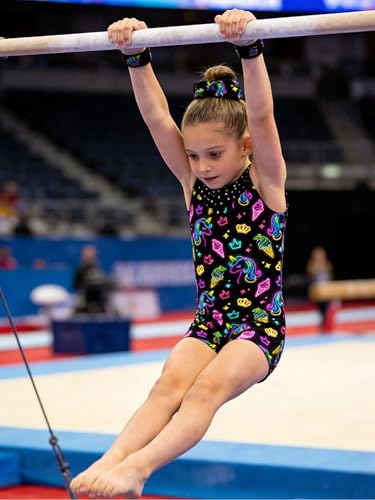 Sparkly Gymnastics Leotard Unitard with Shorts - Neon Unicorn Black, 5-6 Years