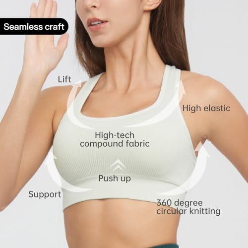AMRIY Racerback Sports Bra for Women Medium Support Padded Seamless Wireless 2 Pcs White (36-38)