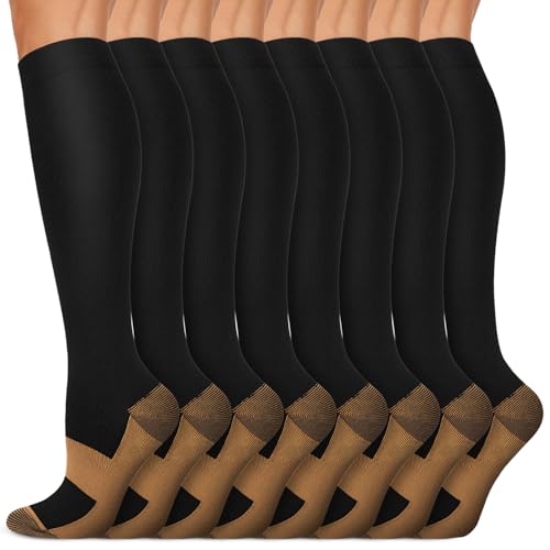 Copper Compression Socks 15-20 mmHg - 8 Pairs, Black, Large-X-Large