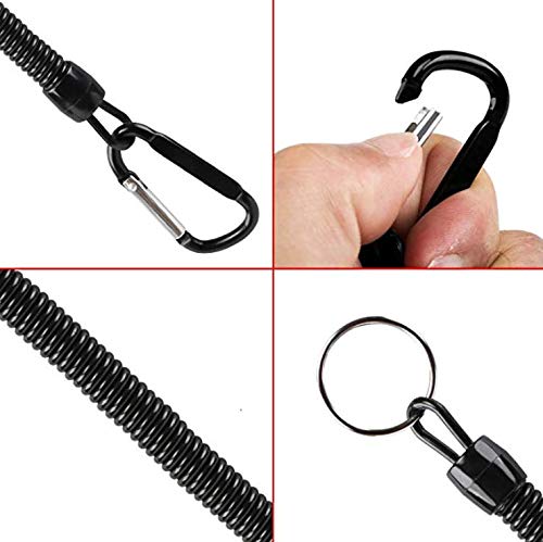 Pack of 6 Coiled Fishing Lanyards with Carabiners - Black