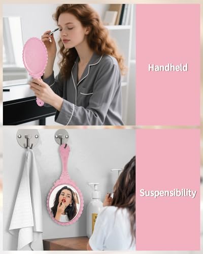 Vintage Handheld Makeup Mirror with Handle - Nano Pink