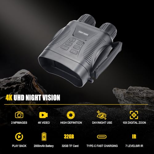 COOVIE 4K Night Vision Goggles with 32GB Card, 2.8'' Display, 2000mAh Battery, 7-Stage IR, 10x Digital Zoom
