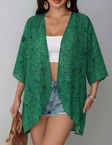 Floral Chiffon Kimono Cardigan - Women's Beach Cover Up - Green, Small