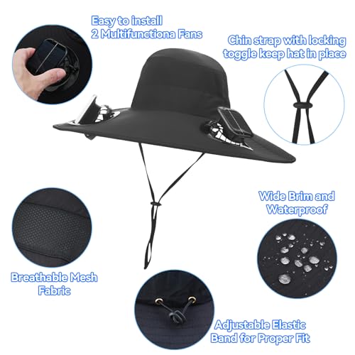 Solar Power Wide Brim Sun Hat with 2 Fans - USB & Solar Rechargeable Outdoor Hat for Men Women