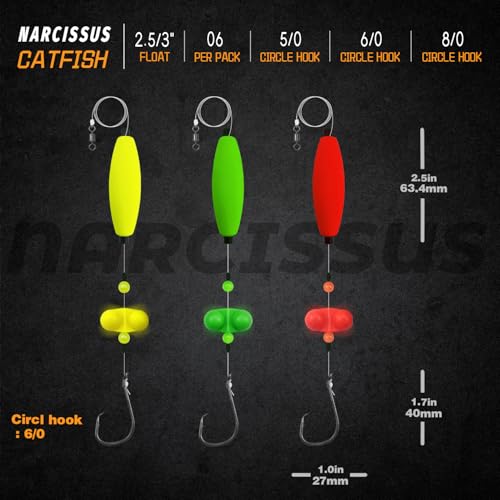 Narcissus Catfish Rigs Set 6/0 Hook, 2 oz Pyramid Sinkers, Float & Rattle