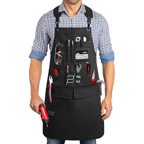 NoCry Woodworking Apron for Men ? Reinforced Pockets with Metal Rivets, Magnetic Holder & Leather Tool Loops ? Shop Aprons for Men with Cross-Back Straps, Non-Slip Shoulder Pads & Quick-Release Buckle
