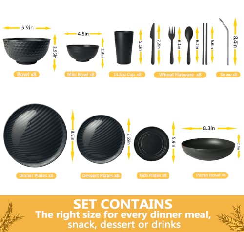 Teivio 96-Piece Wheat Straw Dinnerware Set for 8 - Flatware Light Black