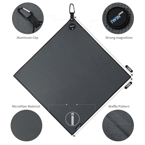 Magnetic Golf Towel - 18" x 18" Waffle Weave, Quick Dry, Gray