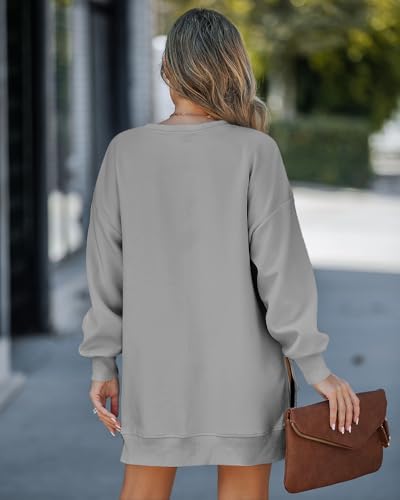 CHICME Women's Oversized Gray Crewneck Sweatshirt with Side Zipper Slit - Medium