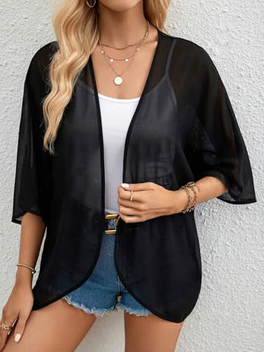 Women's Chiffon Kimono Cardigan Sheer Beach Cover Up - Black, Small