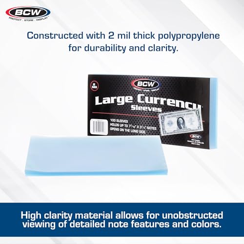 Large Bill Currency Sleeves - 100-Pack | Archival Safe Clear Protectors
