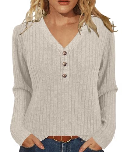 Womens Long Sleeve V Neck Sweater Tunic Top - Apricot, Large