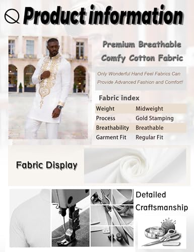White Men's African Dashiki 2-Piece Set - Gold Stamp Traditional Outfit XL
