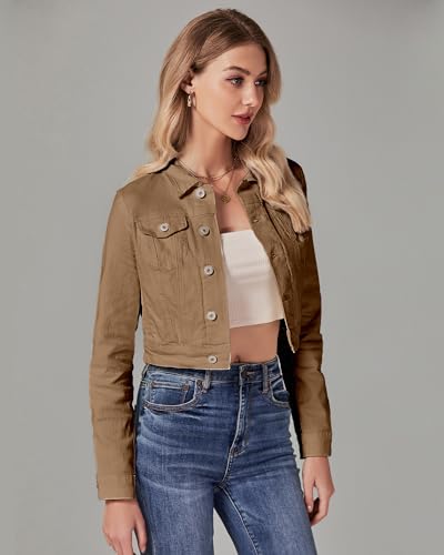 Luvamia X-Large Almond Brown Cropped Denim Jacket for Women Short Fitted Shacket
