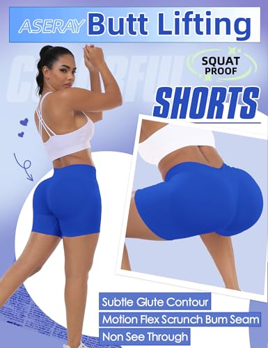 Seamless Gym Workout Shorts for Women - Scrunch Butt Lifting, Tummy Control, 4.5" - Small Electric Blue