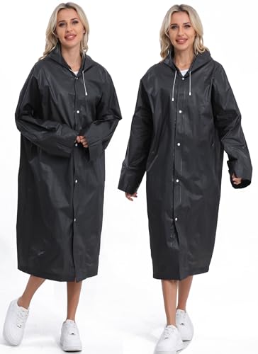 Reusable Rain Ponchos for Adults - 2-Pack Black Raincoats with Drawstring and Sleeves