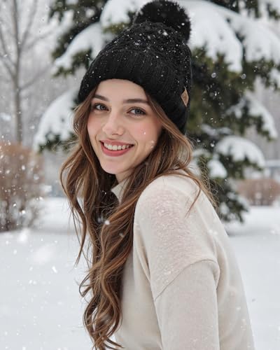 Womens Winter Beanie Hat - Soft Warm Knit Cap with Faux Fur Pom Poms - Black