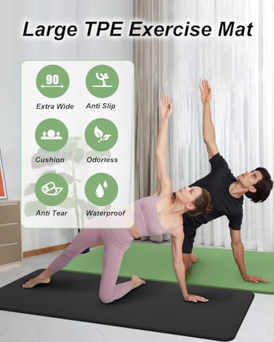 Black YR Yoga Mat 76x35 Inch Non Slip Exercise Mat 10mm Thick for Yoga & Workout