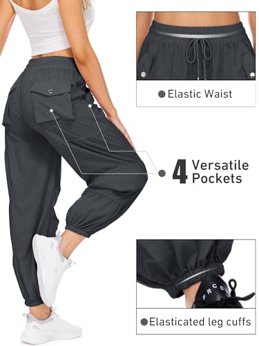 Cargo Pants for Women - Elastic Waist Wide Leg with 4 Pockets - Dark Grey, Medium