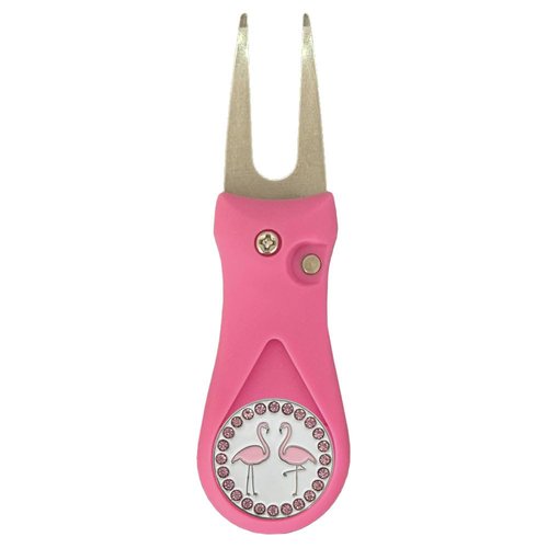 Giggle Golf Pink Plastic Divot Repair Tool with Metal Bling Flamingos Golf Ball Marker | Foldable Switchblade Divot Tool