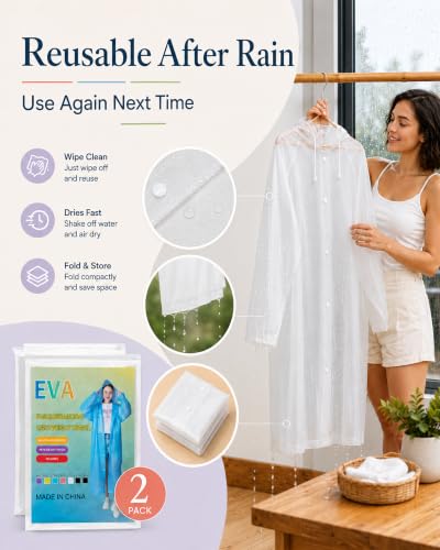 Reusable Waterproof Rain Ponchos for Adults - Translucent White (2 Pack)