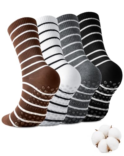 Pilates Socks with Grips - 4 Pairs Non-Slip Yoga Crew - One Size