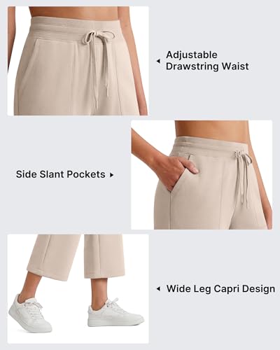 G4Free Smoofit Wide Leg Capris for Women High Waist Summer Casual Pants with Pockets - Light Khaki / Medium