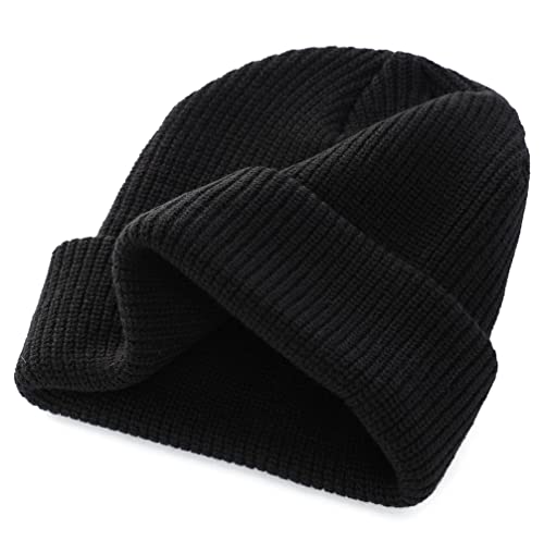 Classic Double Layer Knit Beanie Hat - Warm Black One Size